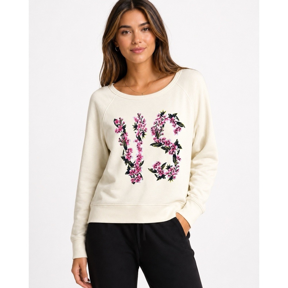 Victoria's Secret Floral VS Sweatshirt Large Ivory Pullover NWT Lounge Cozy